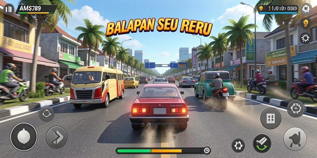 Screenshot utama AMS789 menampilkan aksi balapan yang mendebarkan.