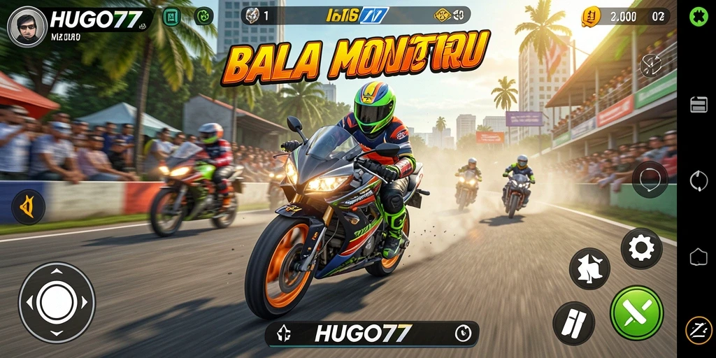 Tangkapan layar gameplay HUGO77 menampilkan aksi balap motor yang mendebarkan.