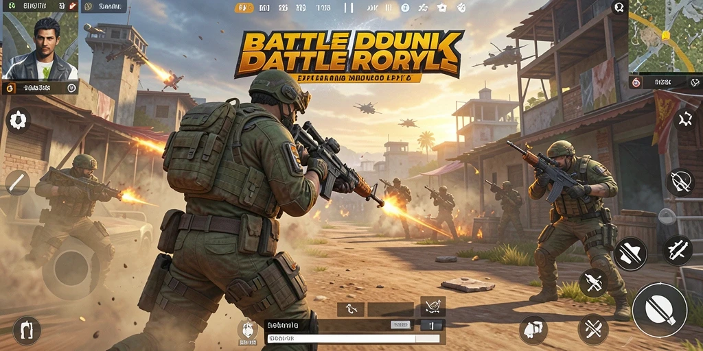 Tangkapan layar utama memperlihatkan aksi seru dalam pertarungan Battle Royale.