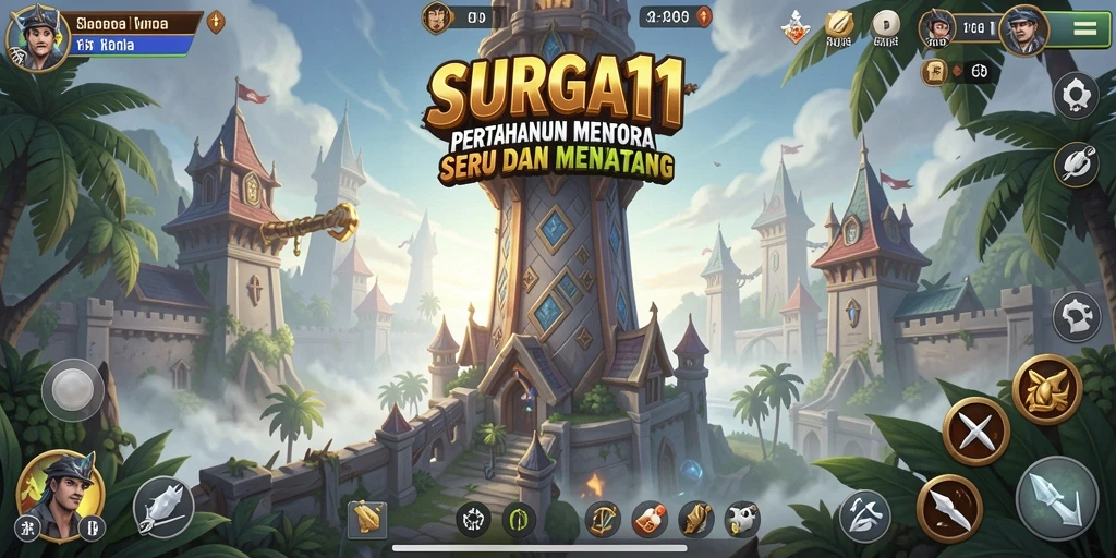 Tampilan gameplay SURGA11 menunjukkan menara pertahanan yang menakjubkan.